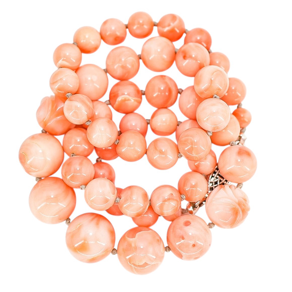 Salmon Pink Peach Momo Coral Necklace - New Strung w NOS Beads - 40g 18” - Picture 3 of 11